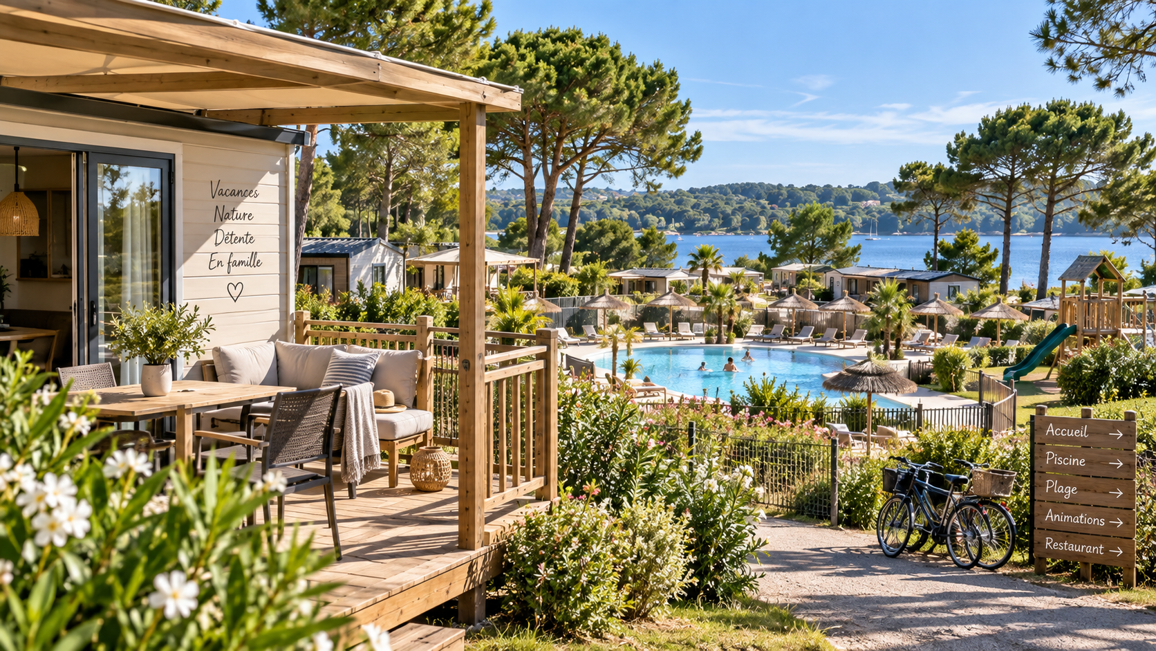 Visite virtuelle de camping avec mobil-homes et piscine